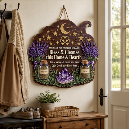 Wicca House Blessing Wooden Sign, Lavender Herbs Jars Door Hanger