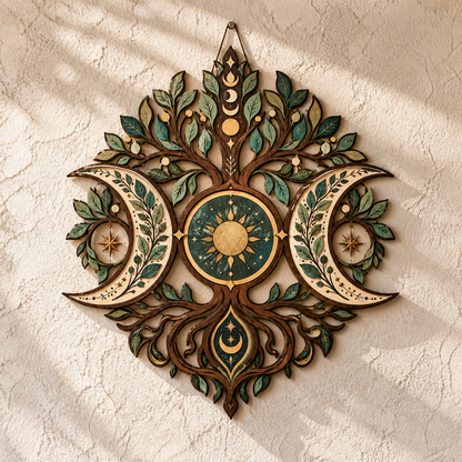 Triple Moon Tree of Life Wooden Wall Art, Multi Layer Wood Sign, Celestial Witchy Decor, Wiccan Pagan Wall Hanging