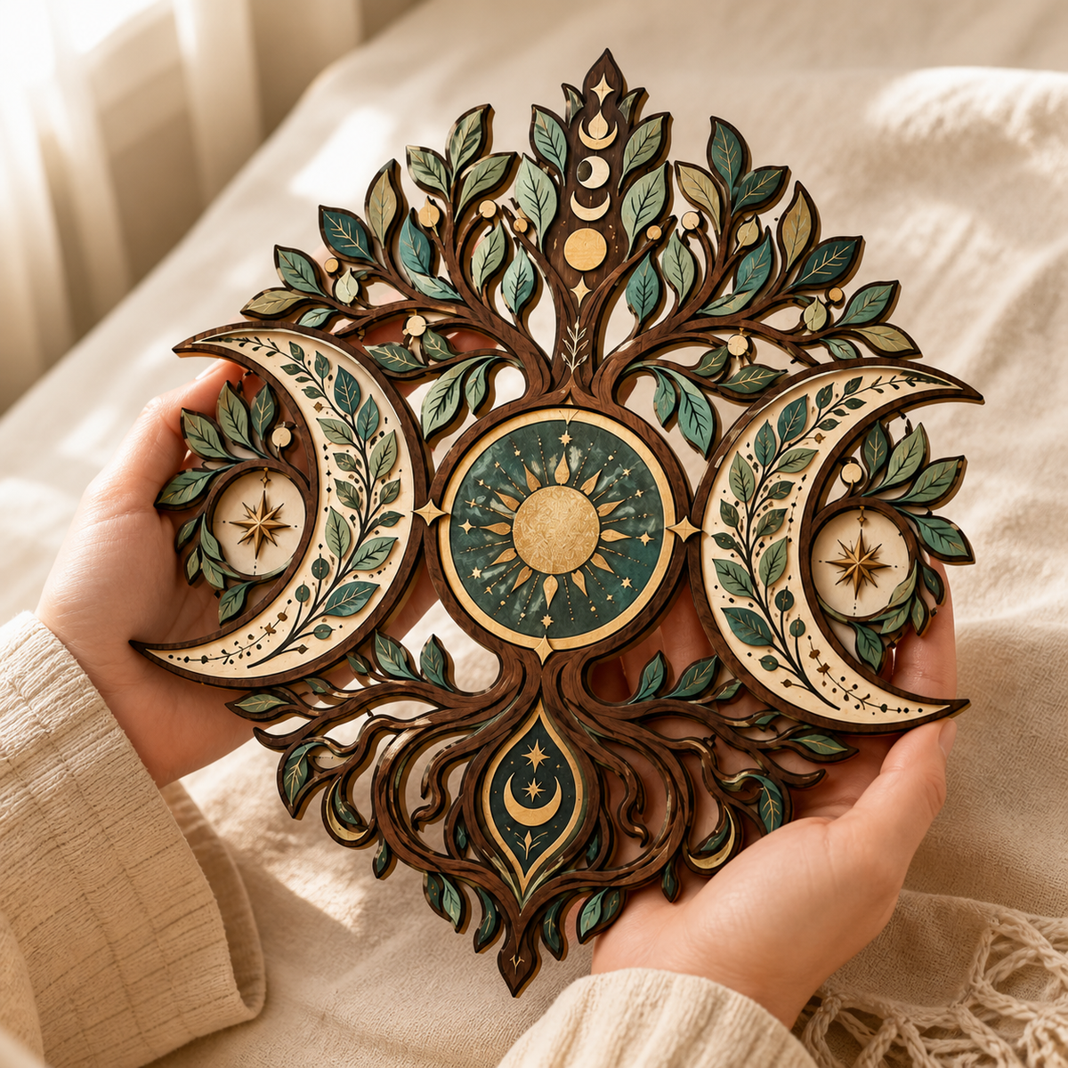 Triple Moon Tree of Life Wooden Wall Art, Multi Layer Wood Sign, Celestial Witchy Decor, Wiccan Pagan Wall Hanging