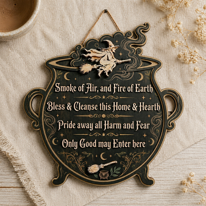 Wicca House Blessing Wooden Sign, Flying Witch Silhouette Decor