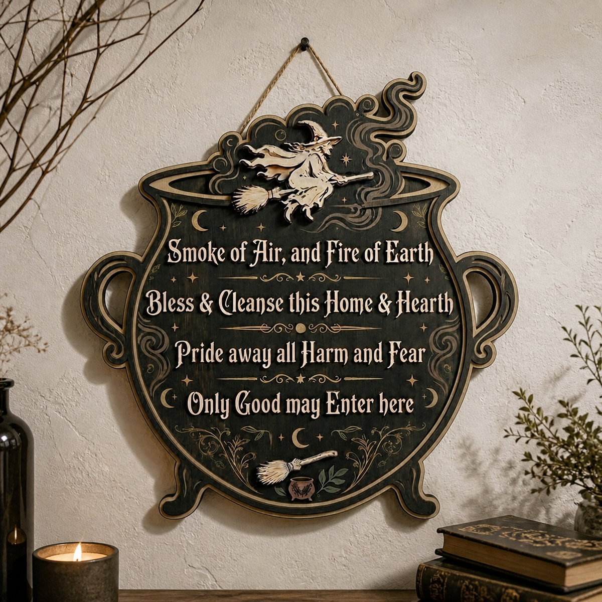 Wicca House Blessing Wooden Sign, Flying Witch Silhouette Decor