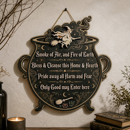 Wicca House Blessing Wooden Sign, Flying Witch Silhouette Decor