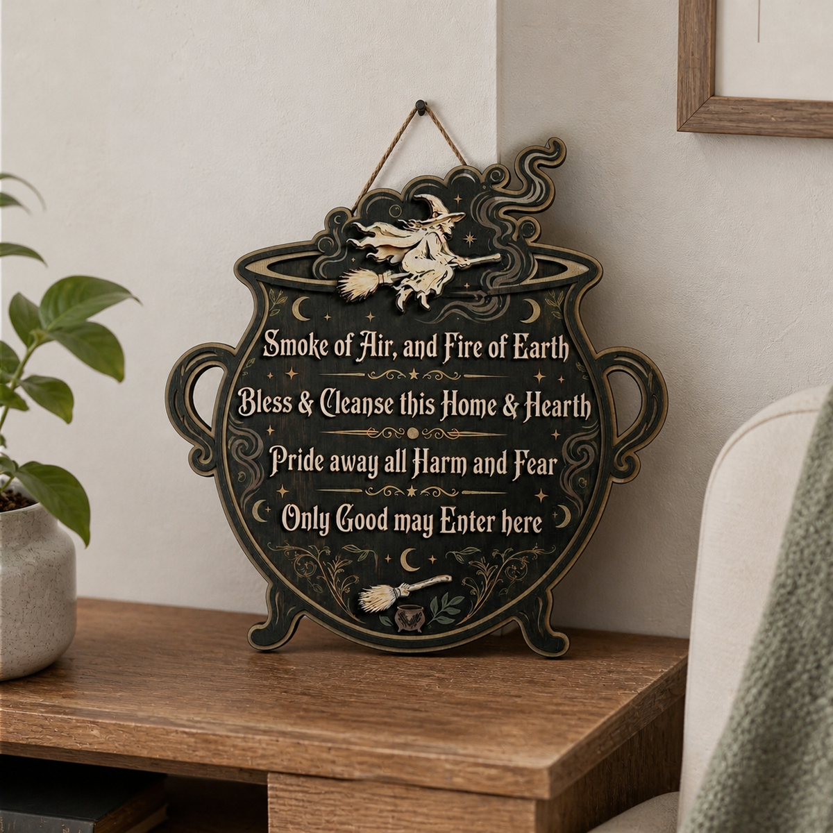 Wicca House Blessing Wooden Sign, Flying Witch Silhouette Decor
