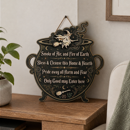 Wicca House Blessing Wooden Sign, Flying Witch Silhouette Decor