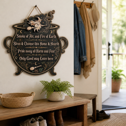 Wicca House Blessing Wooden Sign, Flying Witch Silhouette Decor