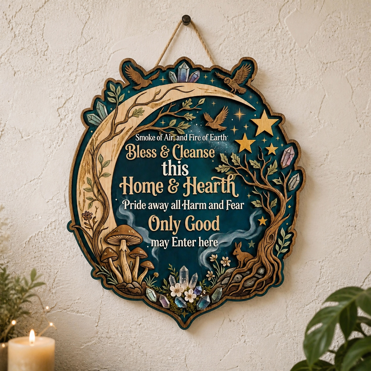 Wicca House Blessing Wooden Sign, Crescent Forest Wall Art