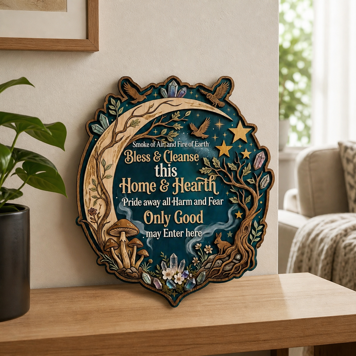 Wicca House Blessing Wooden Sign, Crescent Forest Wall Art