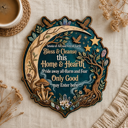 Wicca House Blessing Wooden Sign, Crescent Forest Wall Art