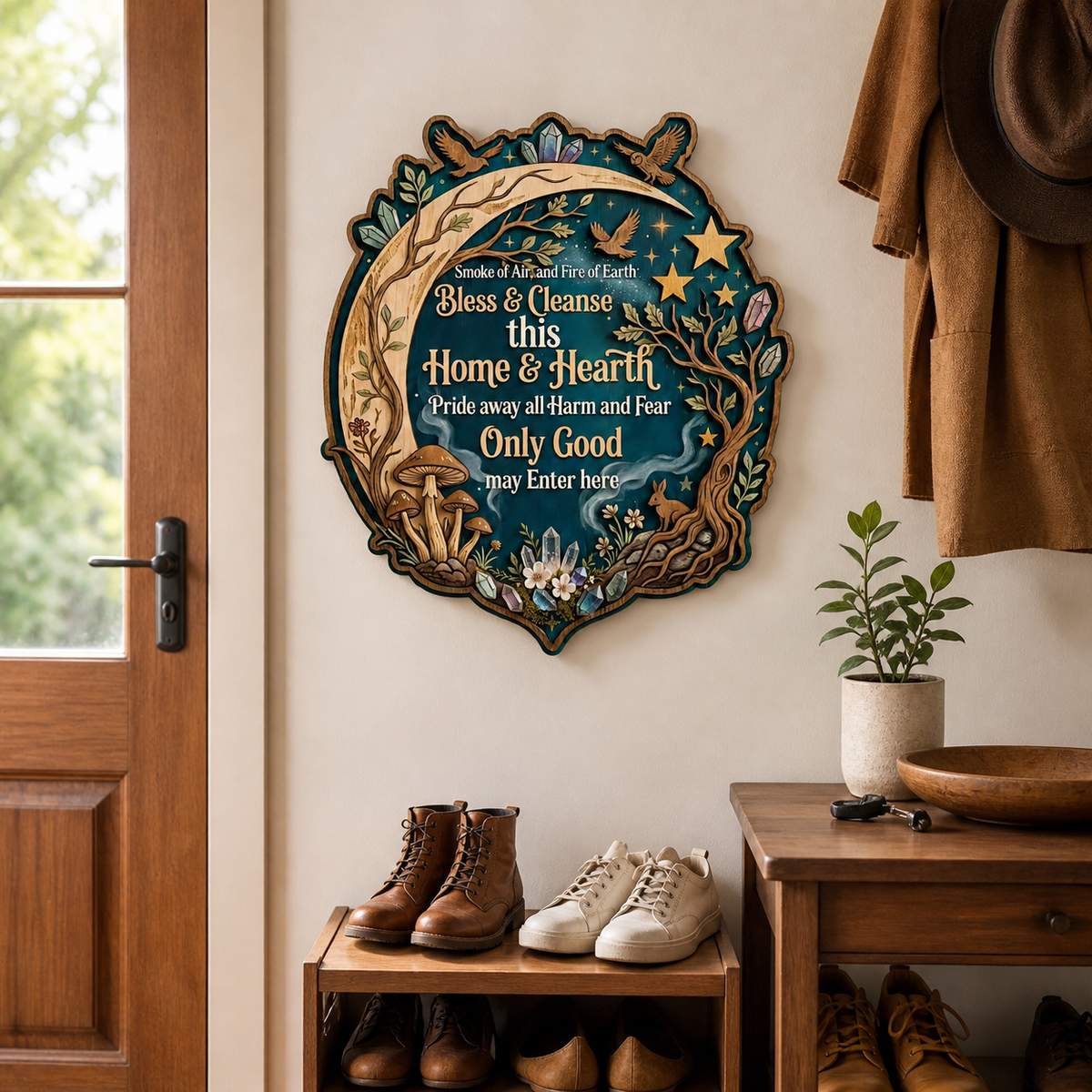 Wicca House Blessing Wooden Sign, Crescent Forest Wall Art