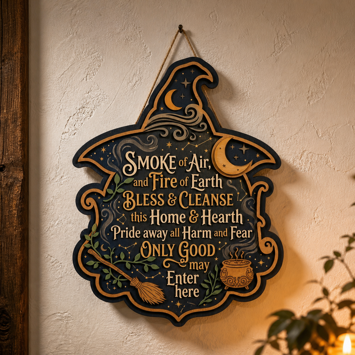 Wicca House Blessing Wooden Sign Witch Hat Wall Decor