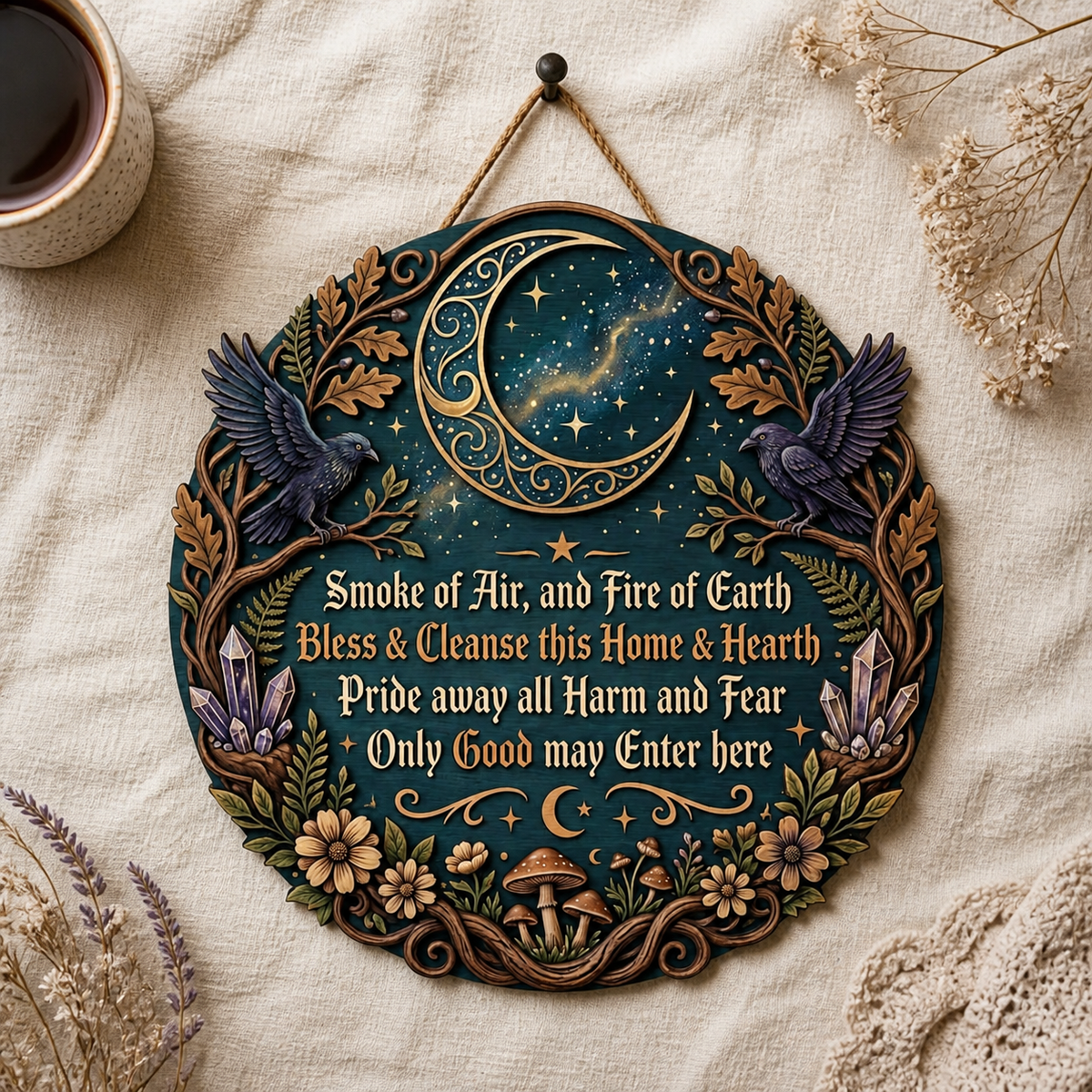 Wicca House Blessing Wooden Sign, Twin Ravens Crescent Door Hanger, Crystal Mushroom Floral Art