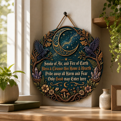 Wicca House Blessing Wooden Sign, Twin Ravens Crescent Door Hanger, Crystal Mushroom Floral Art