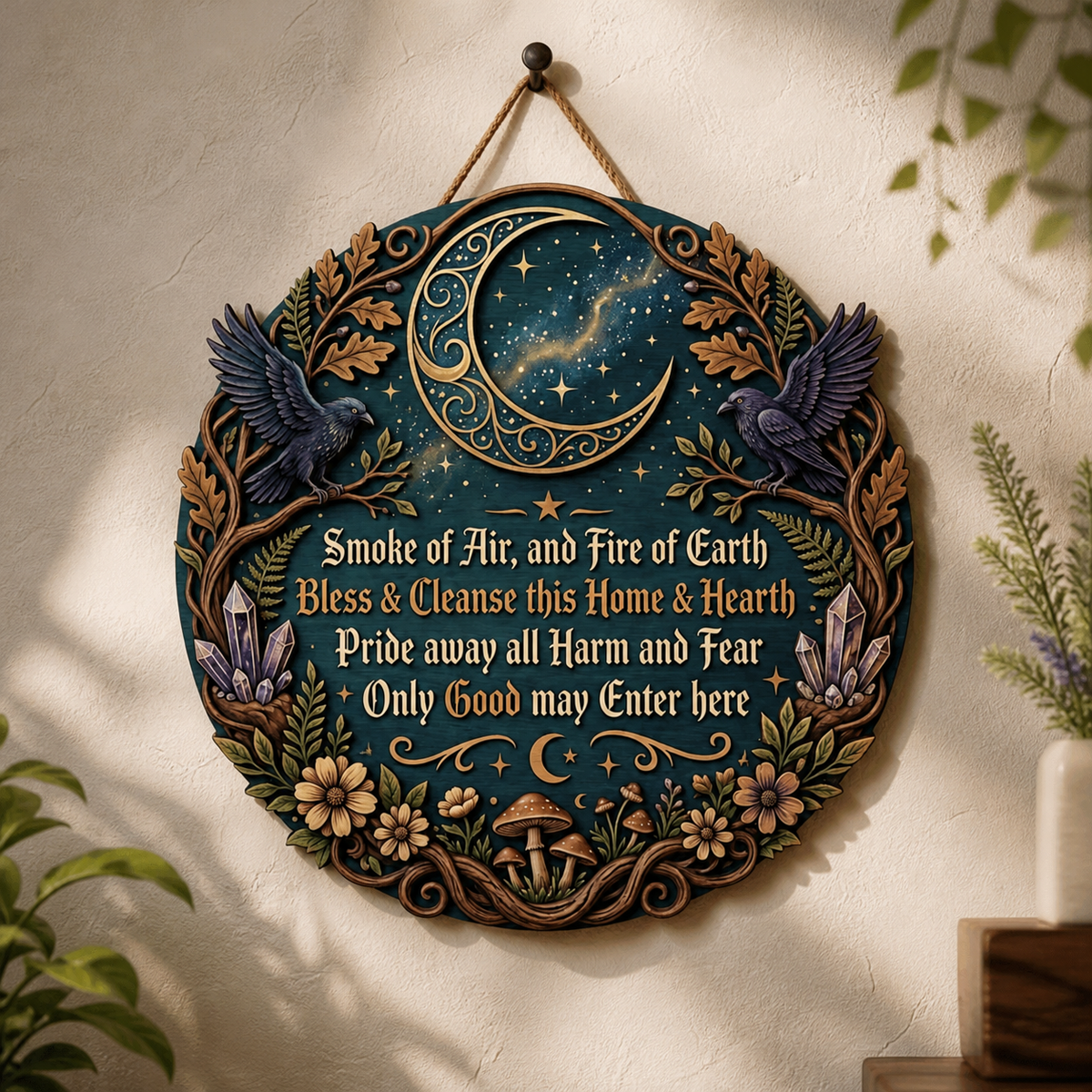 Wicca House Blessing Wooden Sign, Twin Ravens Crescent Door Hanger, Crystal Mushroom Floral Art