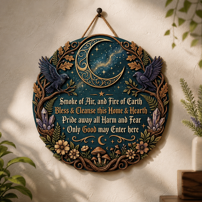 Wicca House Blessing Wooden Sign, Twin Ravens Crescent Door Hanger, Crystal Mushroom Floral Art