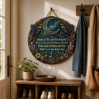 Wicca House Blessing Wooden Sign, Twin Ravens Crescent Door Hanger, Crystal Mushroom Floral Art