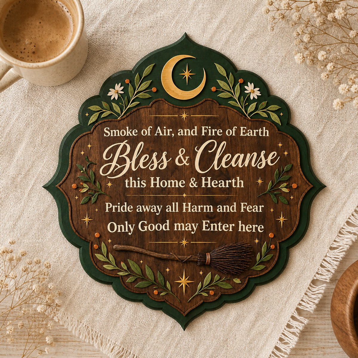 Wicca House Blessing Wooden Sign, Ornate Mandala Door Hanger Decor