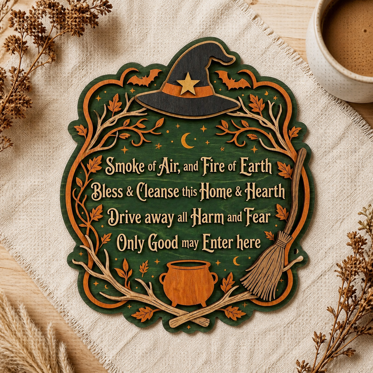 Wicca House Blessing Wooden Sign Witch Hat Scalloped Wall Decor
