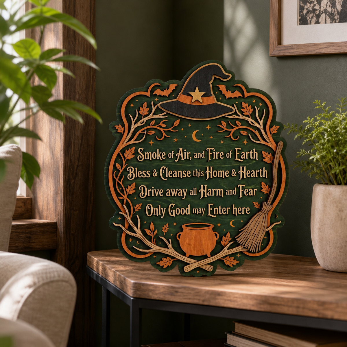 Wicca House Blessing Wooden Sign Witch Hat Scalloped Wall Decor