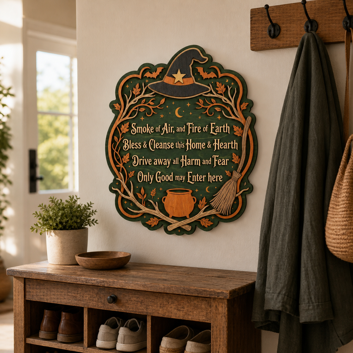 Wicca House Blessing Wooden Sign Witch Hat Scalloped Wall Decor