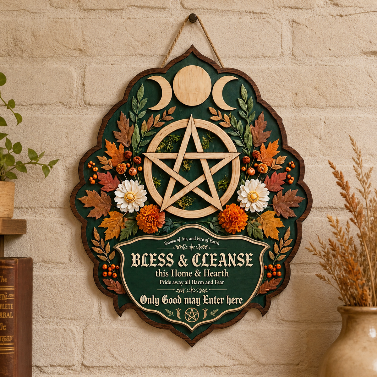Wicca House Blessing Wooden Sign, Fall Shield, Maple Leaves Daisies Decor