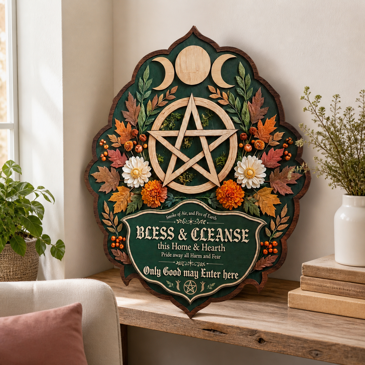 Wicca House Blessing Wooden Sign, Fall Shield, Maple Leaves Daisies Decor