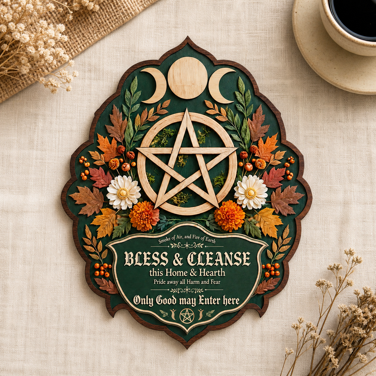 Wicca House Blessing Wooden Sign, Fall Shield, Maple Leaves Daisies Decor
