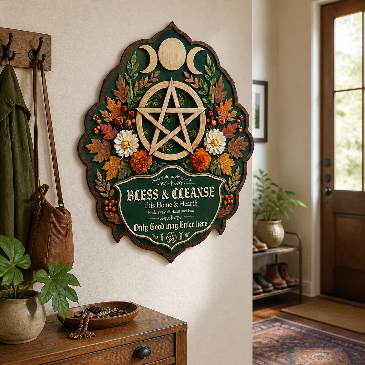 Wicca House Blessing Wooden Sign, Fall Shield, Maple Leaves Daisies Decor