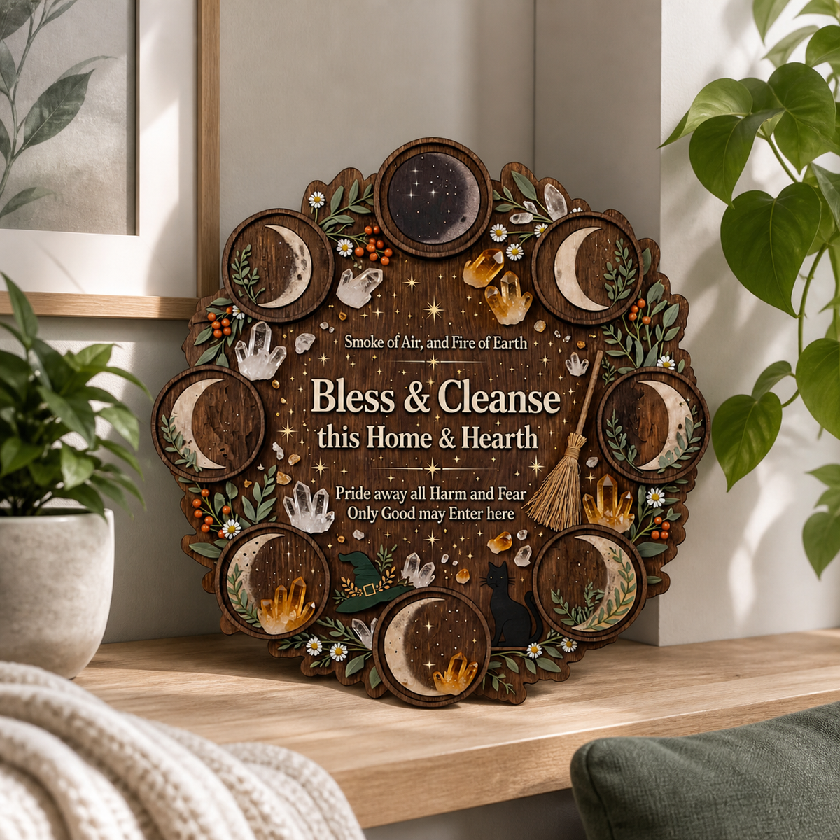 Wicca House Blessing Wooden Sign, Moon Phase Circle Door Hanger, Black Cat Witch Hat Decor