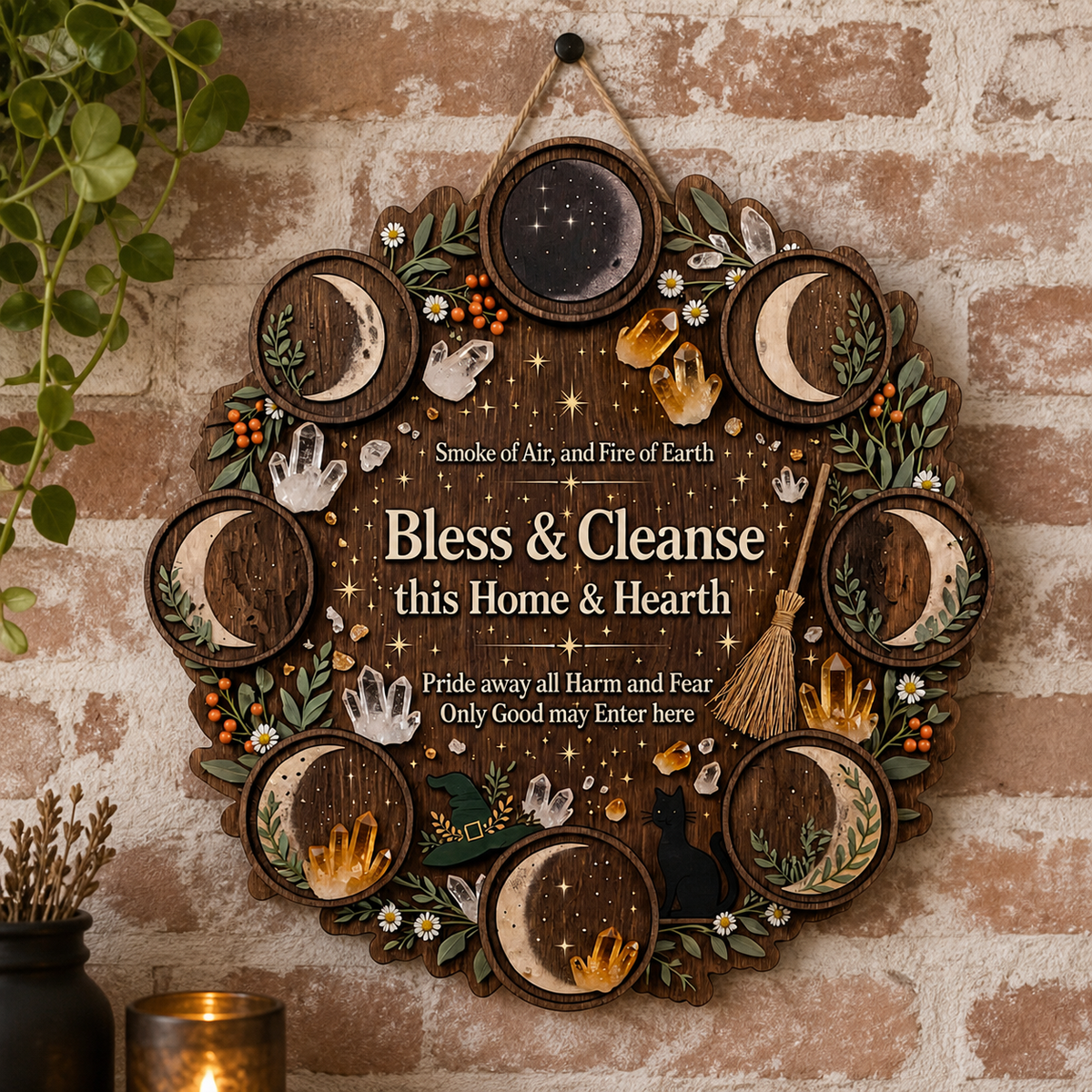 Wicca House Blessing Wooden Sign, Moon Phase Circle Door Hanger, Black Cat Witch Hat Decor