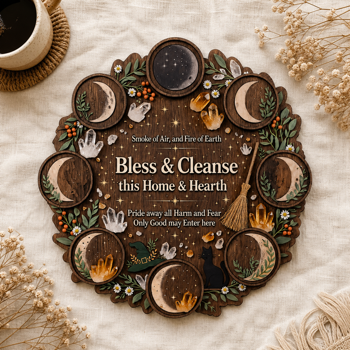 Wicca House Blessing Wooden Sign, Moon Phase Circle Door Hanger, Black Cat Witch Hat Decor