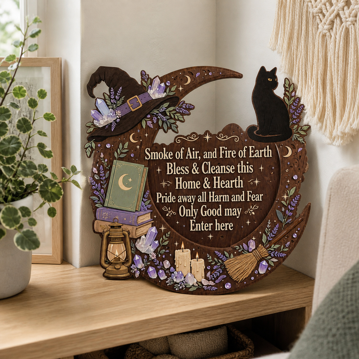 Wicca House Blessing Wooden Sign, Lantern Crystal Door Hanger
