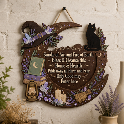 Wicca House Blessing Wooden Sign, Lantern Crystal Door Hanger
