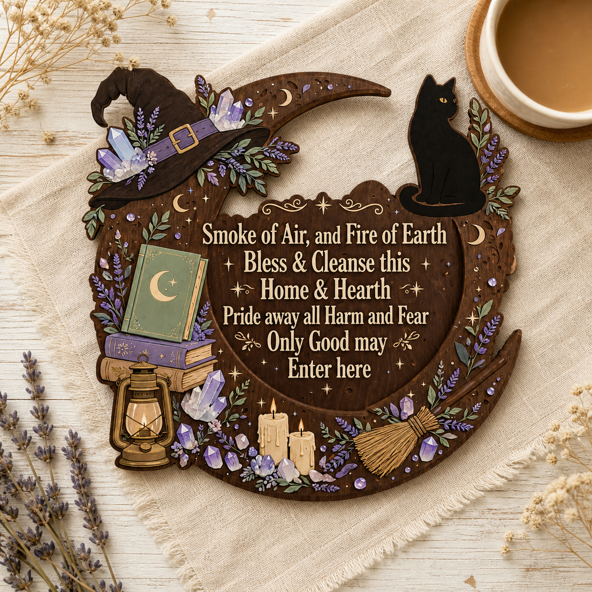 Wicca House Blessing Wooden Sign, Lantern Crystal Door Hanger
