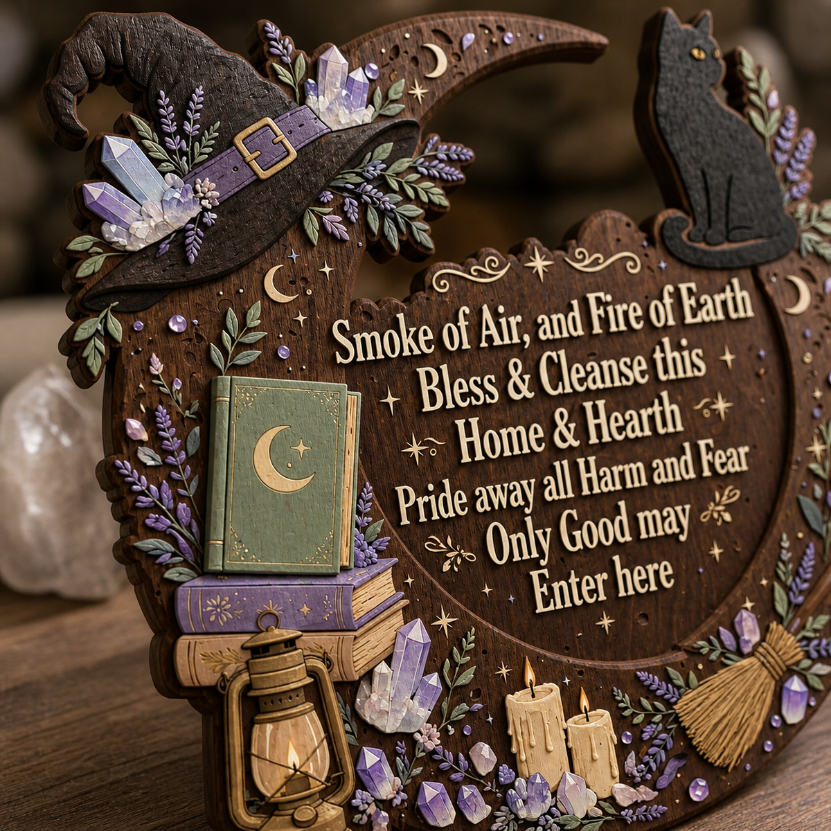 Wicca House Blessing Wooden Sign, Lantern Crystal Door Hanger