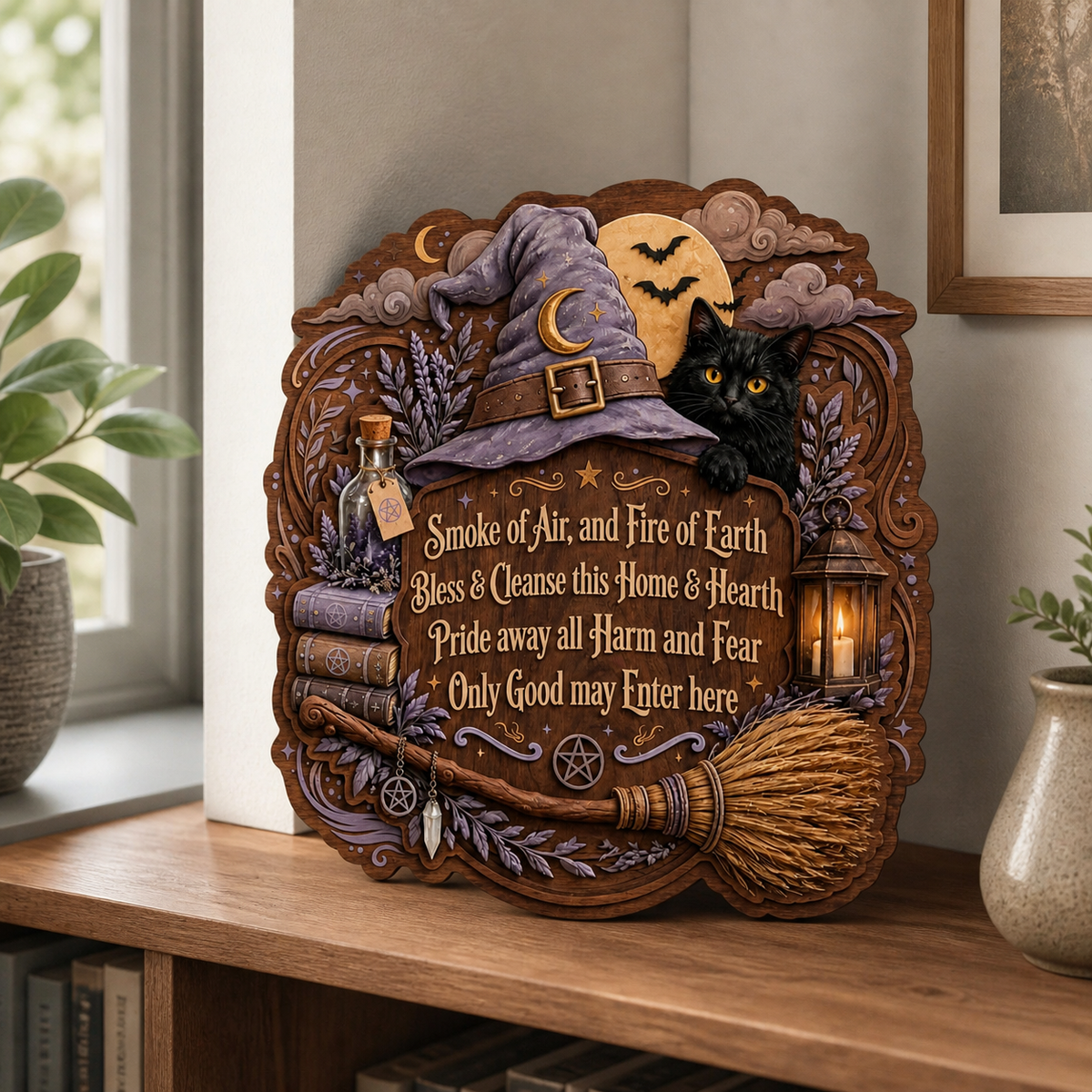 Wicca House Blessing Wooden Sign, Purple Witch Hat Wall Art For Home