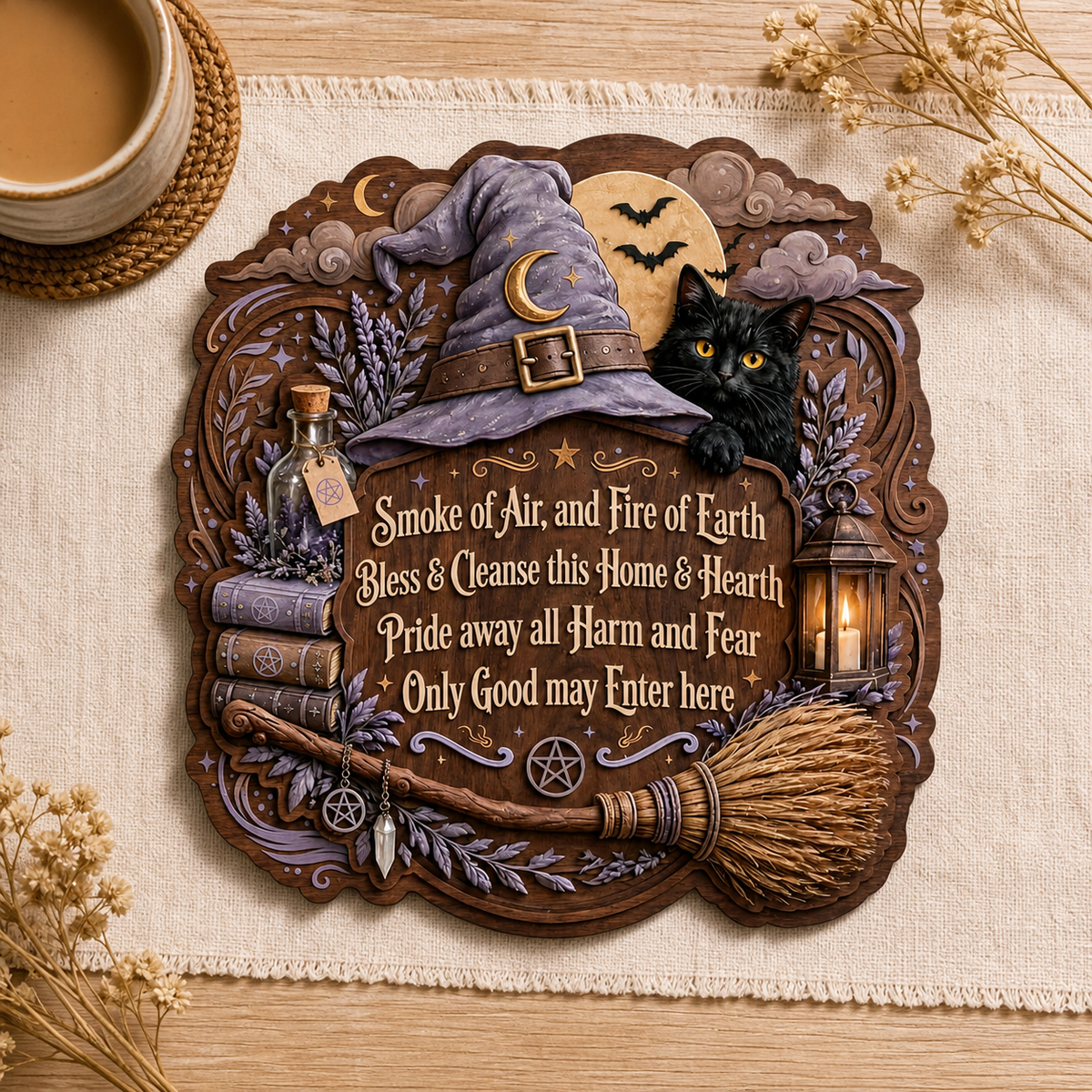 Wicca House Blessing Wooden Sign, Purple Witch Hat Wall Art For Home