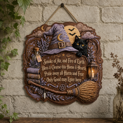 Wicca House Blessing Wooden Sign, Purple Witch Hat Wall Art For Home