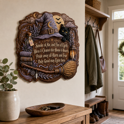 Wicca House Blessing Wooden Sign, Purple Witch Hat Wall Art For Home