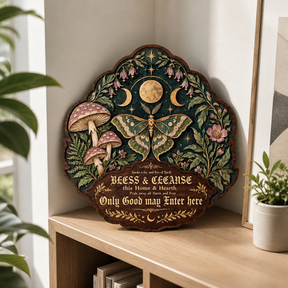 Wicca House Blessing Wooden Sign, Luna Moth Circle Decor