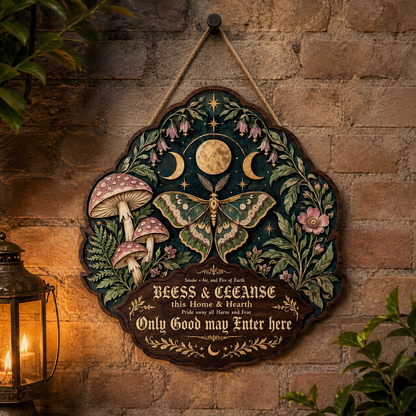 Wicca House Blessing Wooden Sign, Luna Moth Circle Decor