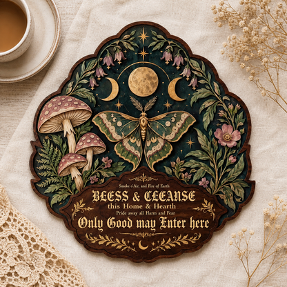 Wicca House Blessing Wooden Sign, Luna Moth Circle Decor
