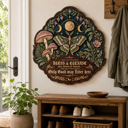Wicca House Blessing Wooden Sign, Luna Moth Circle Decor