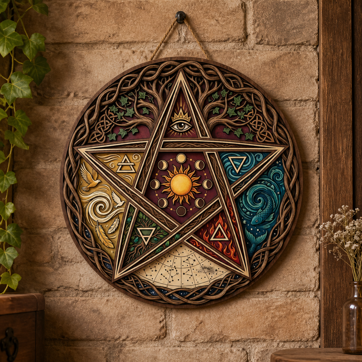 Pentagram Five Elements Wooden Sign, All Seeing Eye Celtic Wall Art