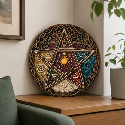 Pentagram Five Elements Wooden Sign, All Seeing Eye Celtic Wall Art