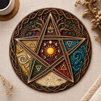 Pentagram Five Elements Wooden Sign, All Seeing Eye Celtic Wall Art