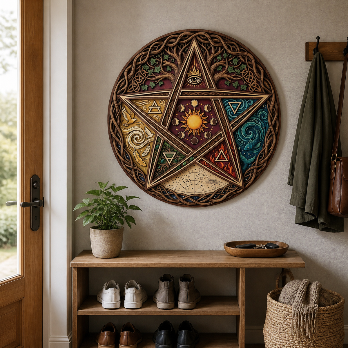 Pentagram Five Elements Wooden Sign, All Seeing Eye Celtic Wall Art