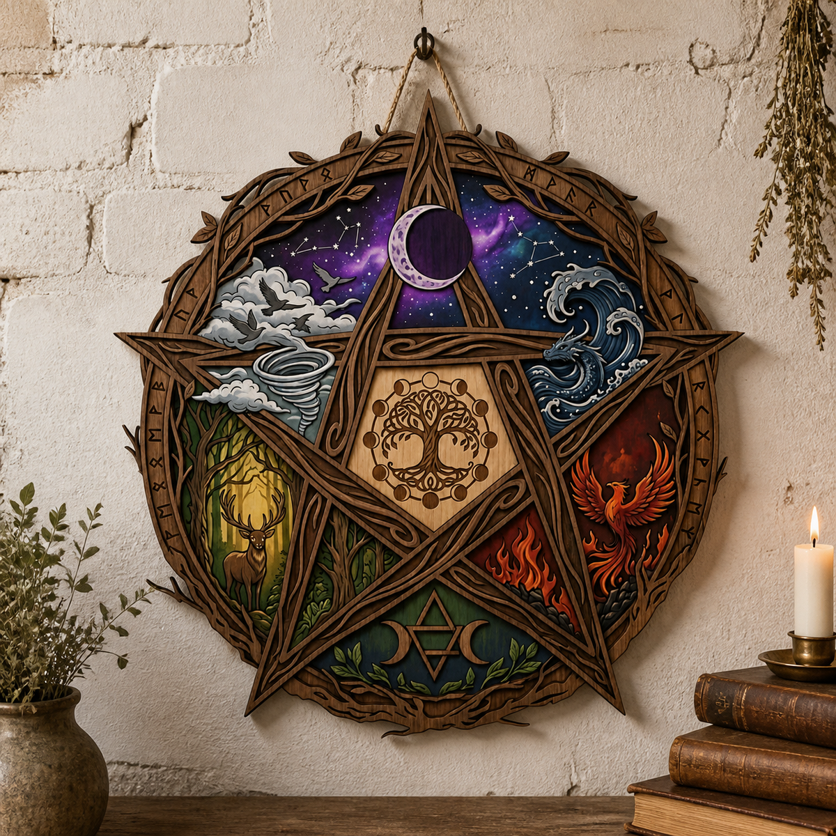 Pentagram Five Elements Wooden Sign, Runic Forest Circle Wall Art