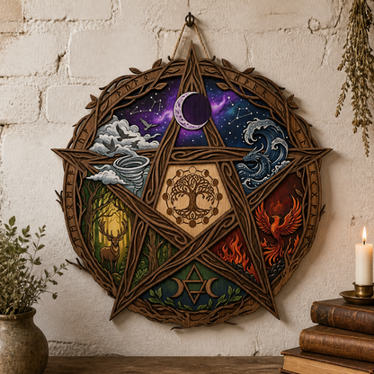 Pentagram Five Elements Wooden Sign, Runic Forest Circle Wall Art