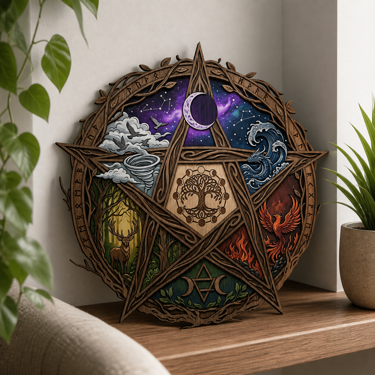 Pentagram Five Elements Wooden Sign, Runic Forest Circle Wall Art