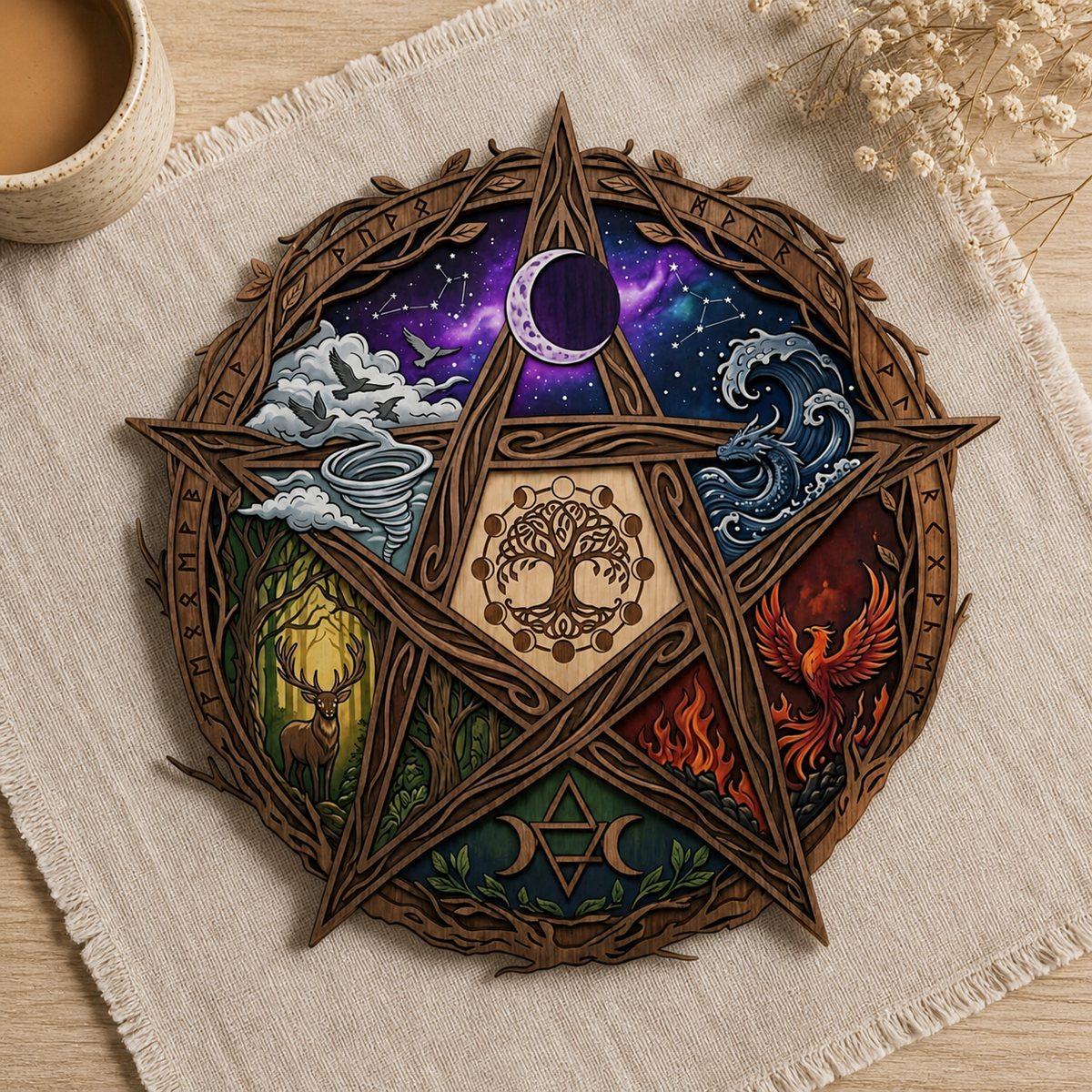 Pentagram Five Elements Wooden Sign, Runic Forest Circle Wall Art